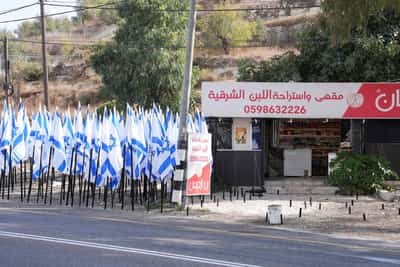 Image for Israeli settlers flank Palestinian cafe with dozens of Israeli flags