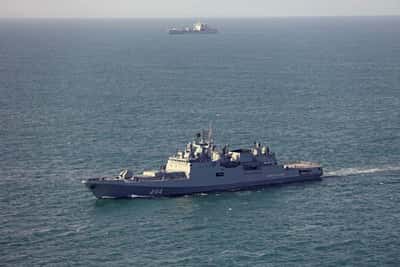 Image for Sailors on a Russian frigate fired warning shots at a yacht in the Channel, UK's Sky News reports