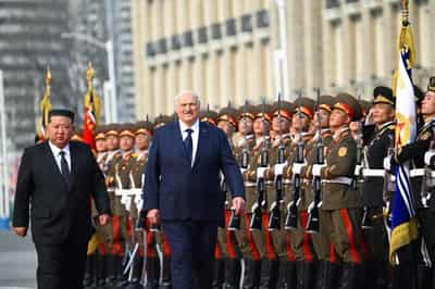 Image for North Korea's Kim Jong Un welcomed Belarus President Lukashenko to Pyongyang, KCNA says