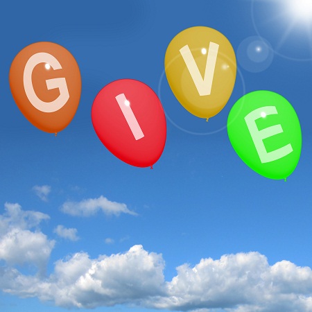 Give Word On Balloons Shows Charity Donations And Generous Assistance