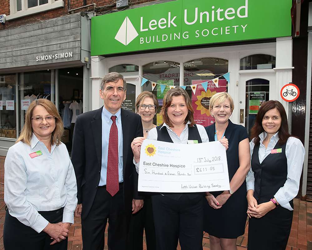 David Rutley MP at the launch of Leek United’s East Cheshire Hospice Account with (from left) Debbie Swindley, Carol Curling, Veronica McNeill, Kate Bowmar (ECH) and Jane Heath.